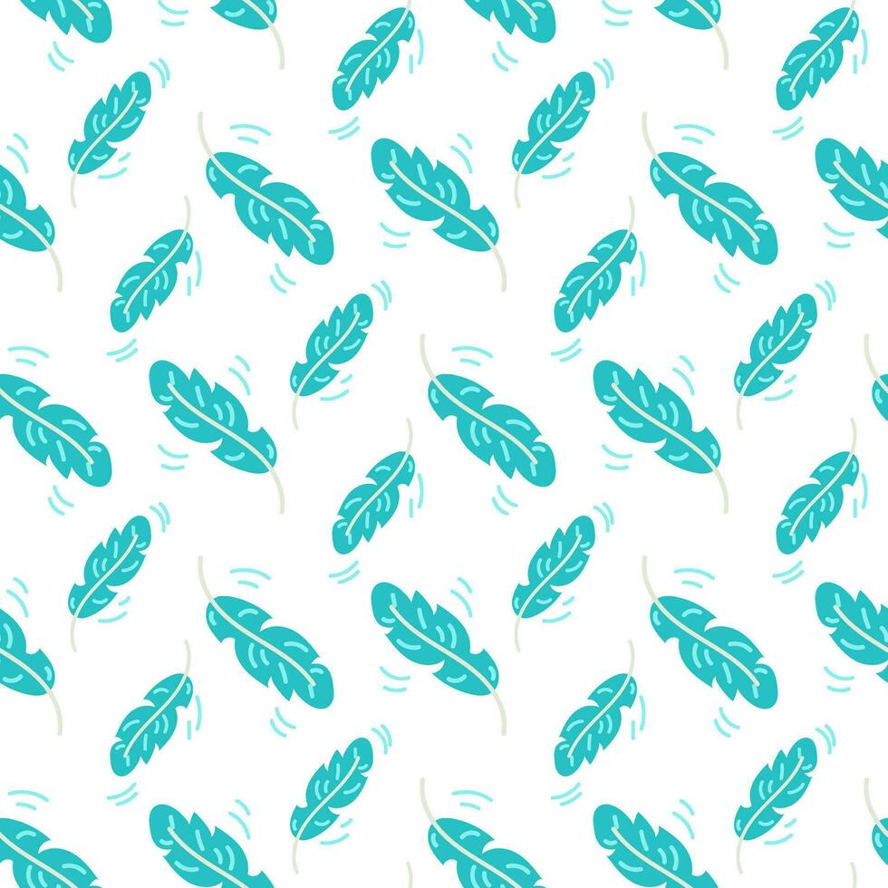 Pattern of blue cartoon feathers on a white background. Repeating seamless pattern with light elements. Printing on textiles and paper vector