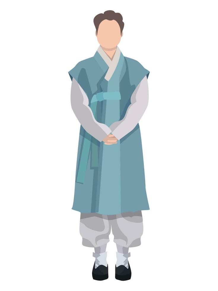 Cartoon illustration of a Korean man in hanbok with realistic style. Traditional Korean costume on the guy. Poster, banner or label template for hanbok store vector