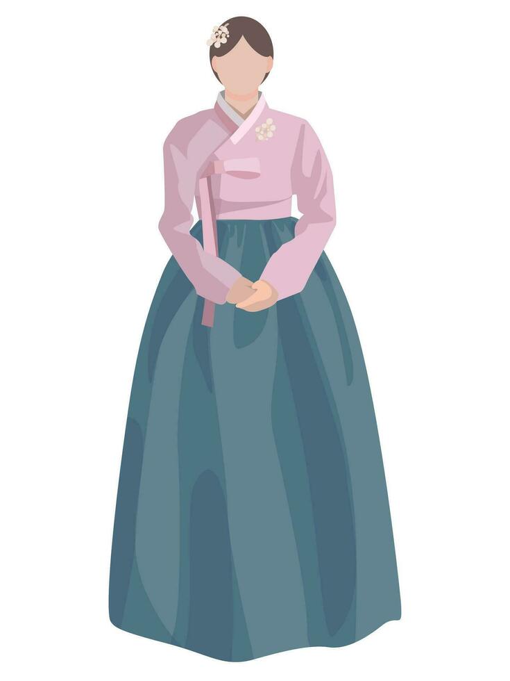 Cartoon illustration of a Korean woman in hanbok with natural motifs. Traditional Korean costume on a girl. Poster, banner, or label template for the hanbok store. vector