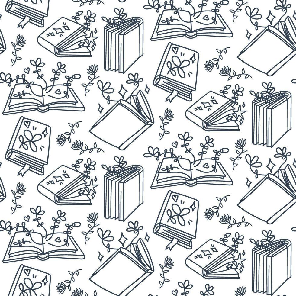 un modelo desde libros en un contorno con elementos de plantas viniendo fuera de libros. abierto, cerrado libros, un apilar de libros en el estilo de garabatos con plantas. linda para niños fantástico textiles vector