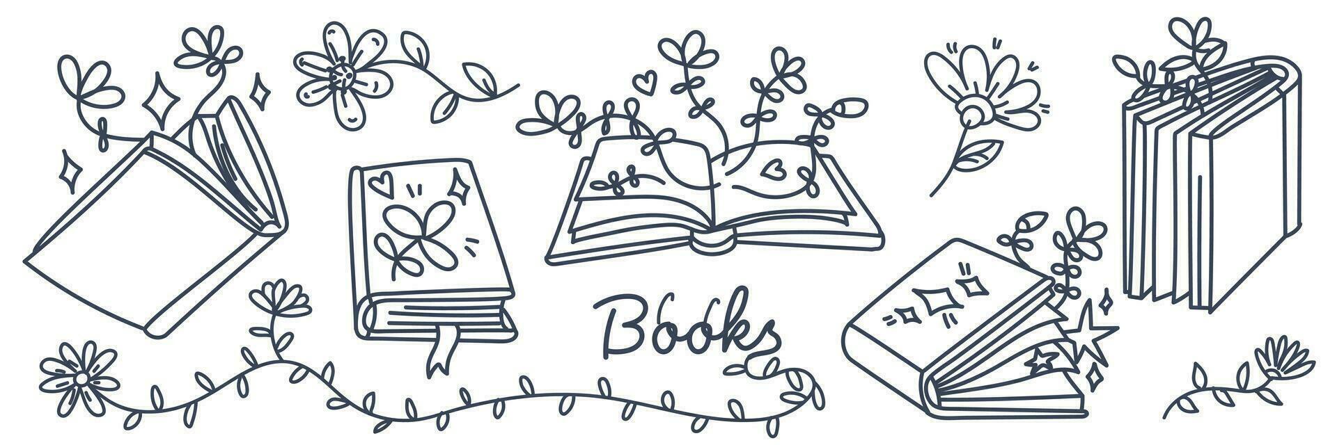 A set of books in a contour with elements of plants coming out of books. Open, closed books, a stack of books in the style of doodles with plants. Cute children's fantasy book vector