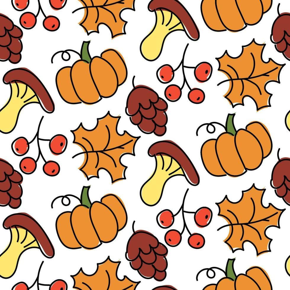 A pattern of autumn elements falling autumn leaves, berries, pumpkins, mushrooms, cones and others. Vector seamless pattern. Autumn cartoon children's texture