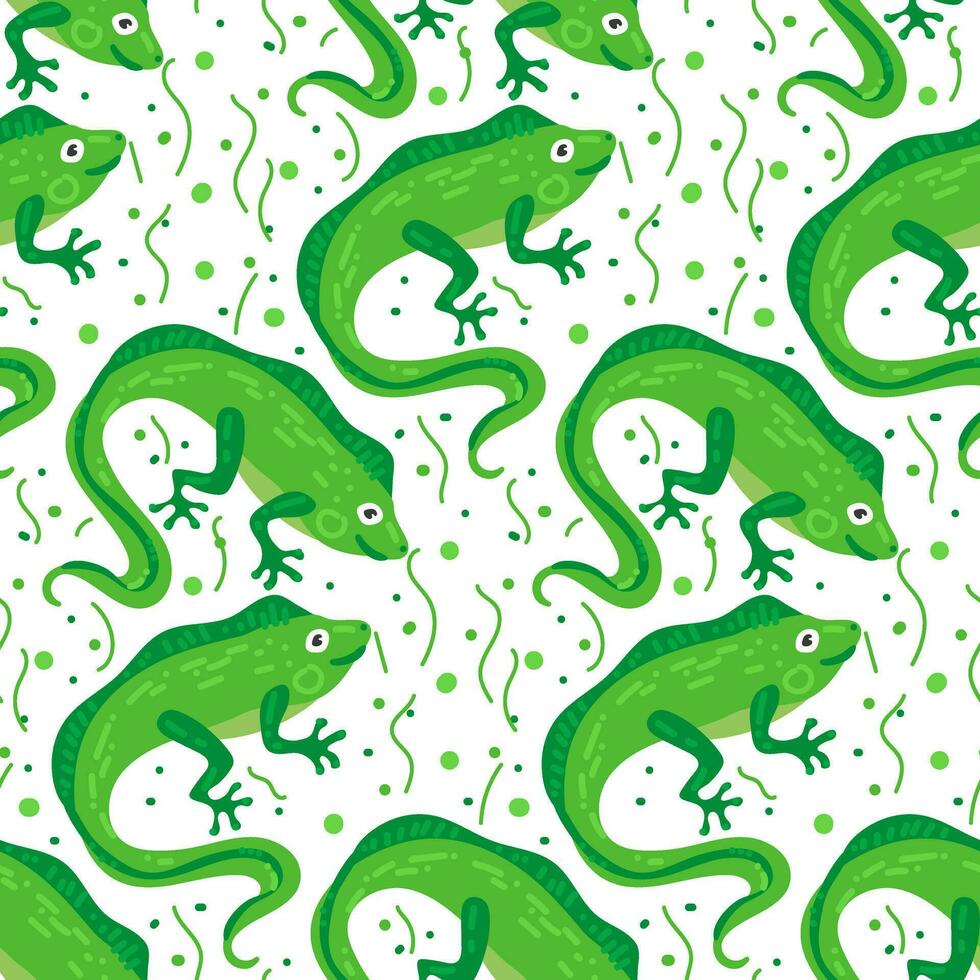 Vector seamless pattern with cute iguana on white background with doodle lines. An illustration of an animal character drawn by hand. Printing on textiles and paper