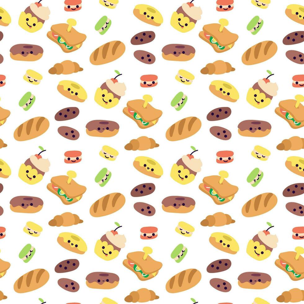 A pattern with a cartoon morning meal. Sandwich, cupcake, cookies, loaf, donut, macaroons. Morning snack, sweets, food with faces, cheerful. Packaging vector