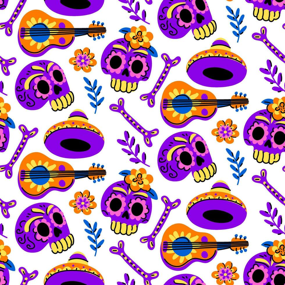 Muertos pattern with skull and guitar. The Day of the Dead holiday in Mexico. A face in the form of a skull with a floral pattern. Floral seamless. Seamless pattern for Halloween. Day of the Dead vector