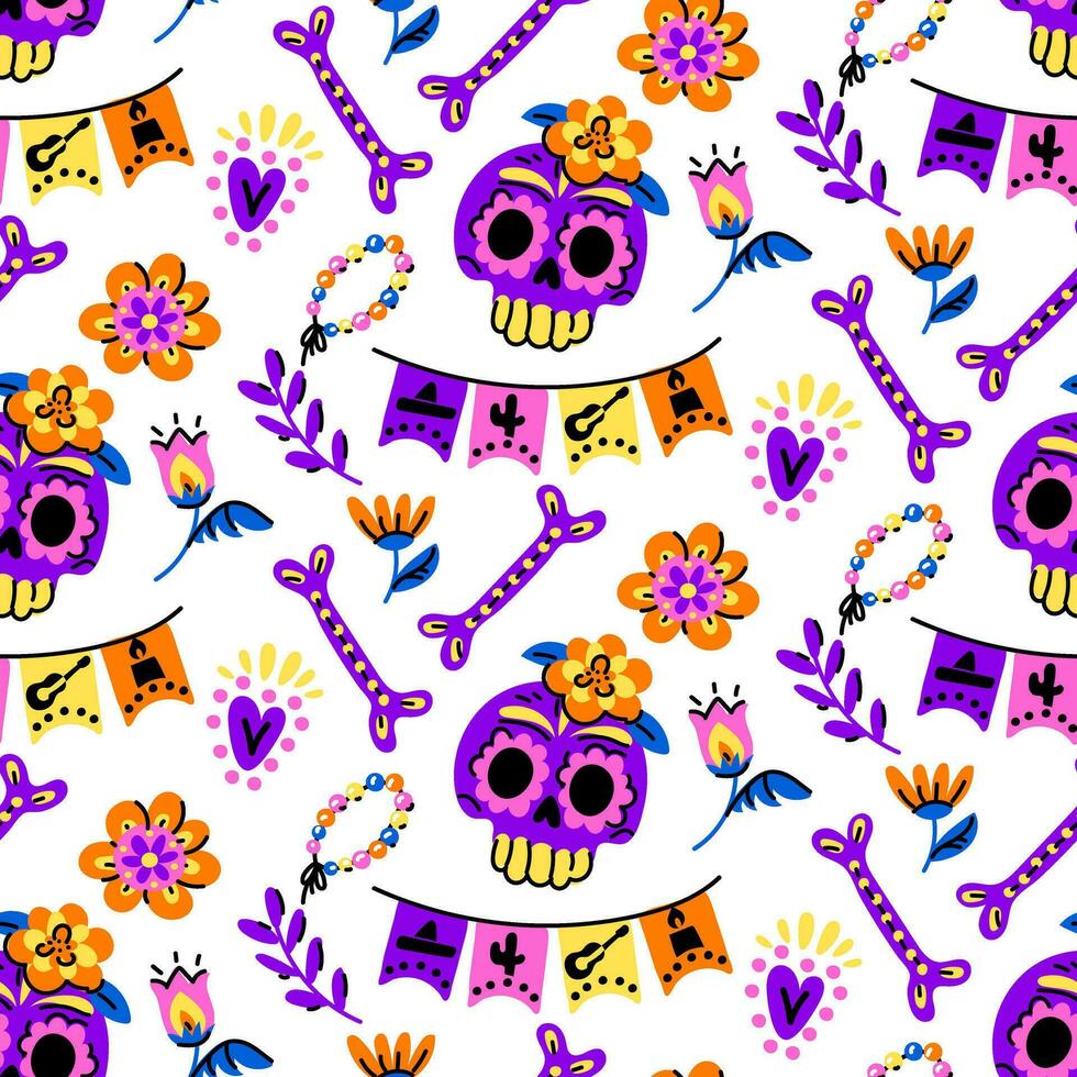 Muertos pattern with a skull. The Day of the Dead holiday in Mexico. A face in the form of a skull with a floral pattern. Floral seamless background. Seamless pattern for Halloween. Day of the Dead vector