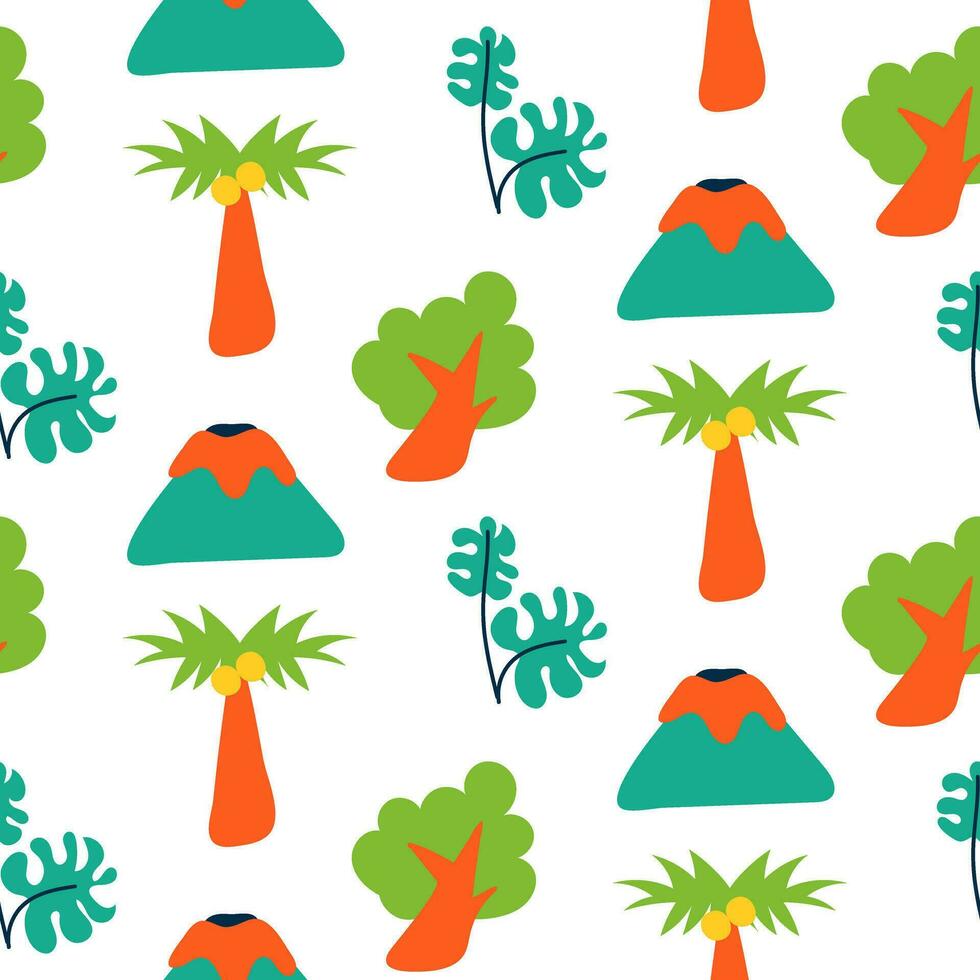 Tropical pattern with cartoon elements. Children's bright leaves, trees, palm trees, volcanoes in bright color. Seamless baby texture for printing on textiles and paper vector