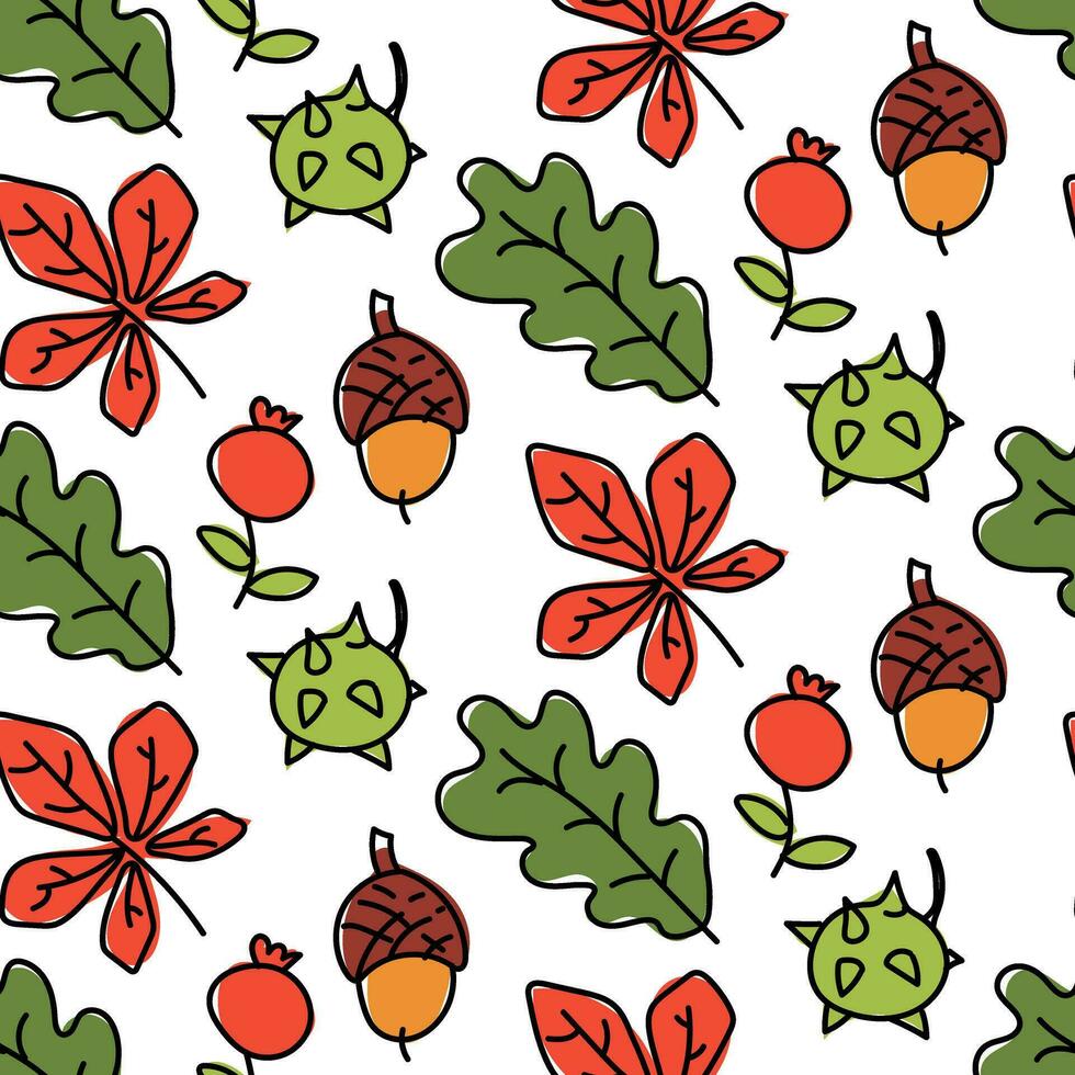 Pattern of autumn foliage, chestnut, acorn made in doodle style with color and contour. Stylish, cute, cartoon, bright seamless pattern with cute autumn details vector