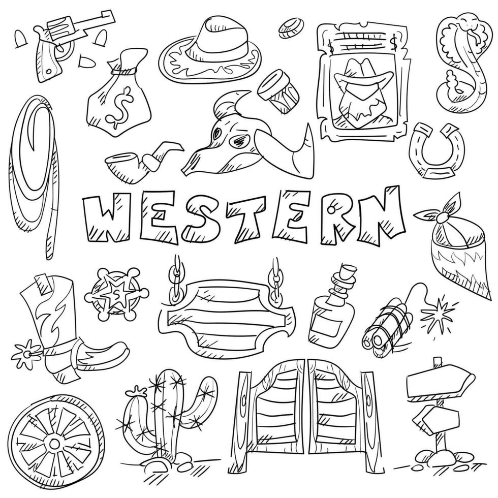 A set of elements of the wild West in a modern linear style on a white background. Vector illustration of cowboy boot, hat, bandana, bull skull, revolver, cactus, bottle, dynamite, revolver. Western