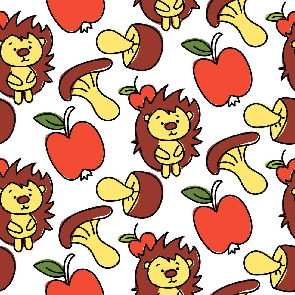 Pattern with cartoon hedgehog, apples, mushrooms in autumn style. Vector image of seamless pattern, endless pattern for children's goods on a white background