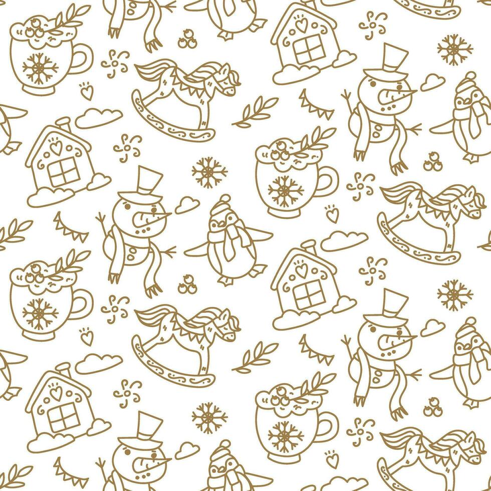 Christmas doodle items in a seamless pattern on a white background. Happy Winter Holiday texture. Happy New Year. Doodle outline of decorative design elements in retro style. Printing on packaging vector