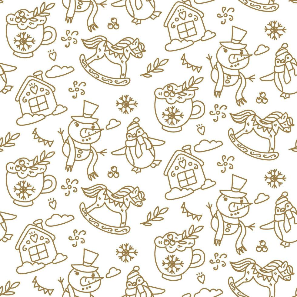 Christmas doodle items in a seamless pattern on a white background. Happy Winter Holiday texture. Happy New Year. Doodle outline of decorative design elements in retro style. Printing on packaging vector