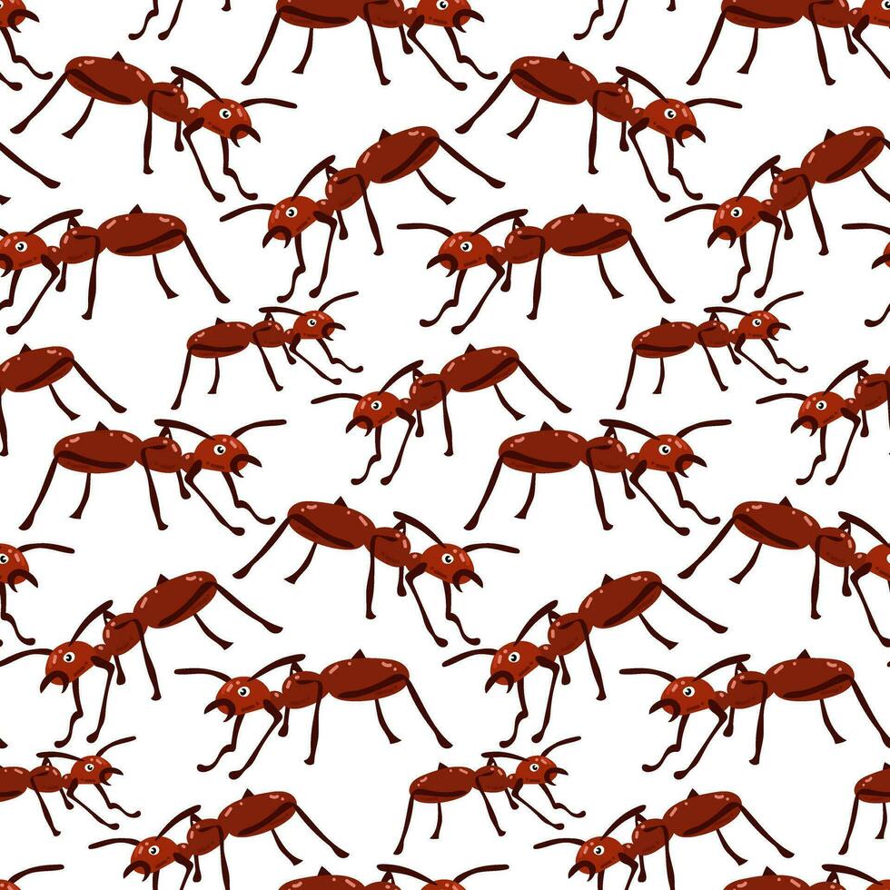 Ant cartoon vector seamless background. Large brown ants on a white background. Repeating texture. Children's texture for printing on textiles and paper.
