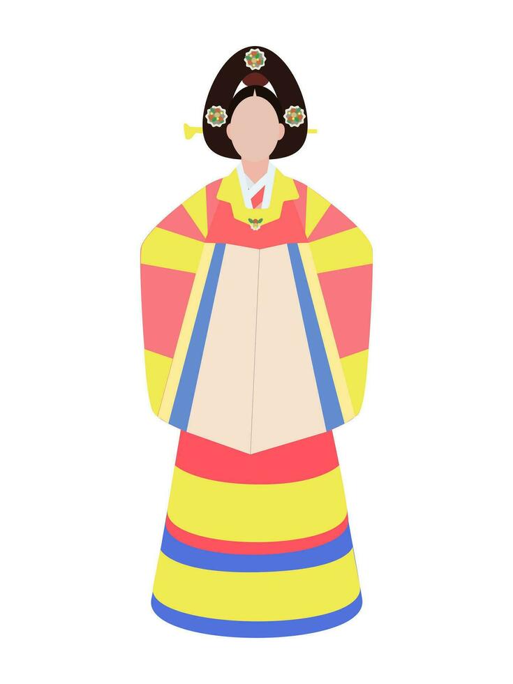 Cartoon illustration of a Korean woman in hanbok with natural motifs. Traditional Korean costume on a girl. Poster, banner, or label template for the hanbok store vector