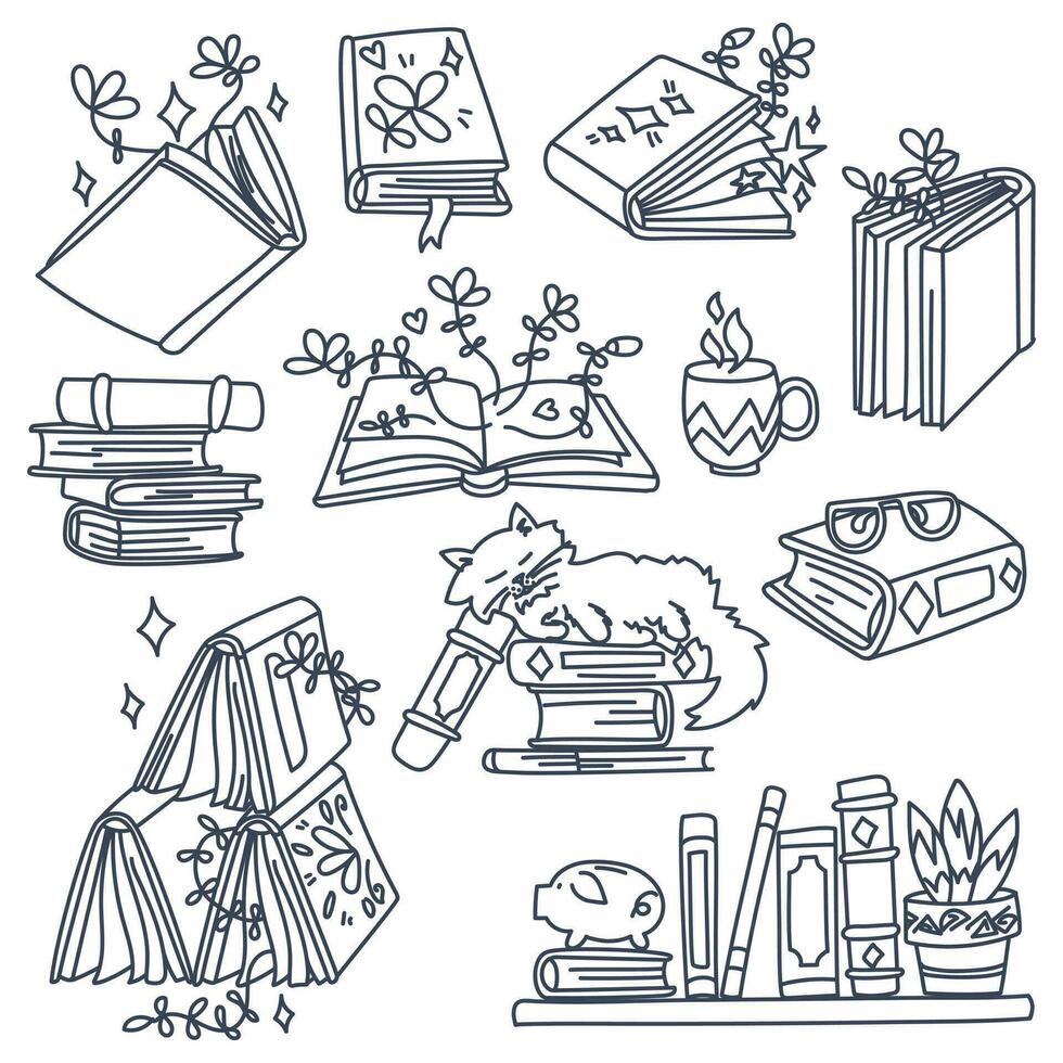 A set of books along the contour with plant elements coming out of the books. A cat, a stack of books on a shelf, open, closed books, in the style of doodles with plants. Cute children's fantasy book vector