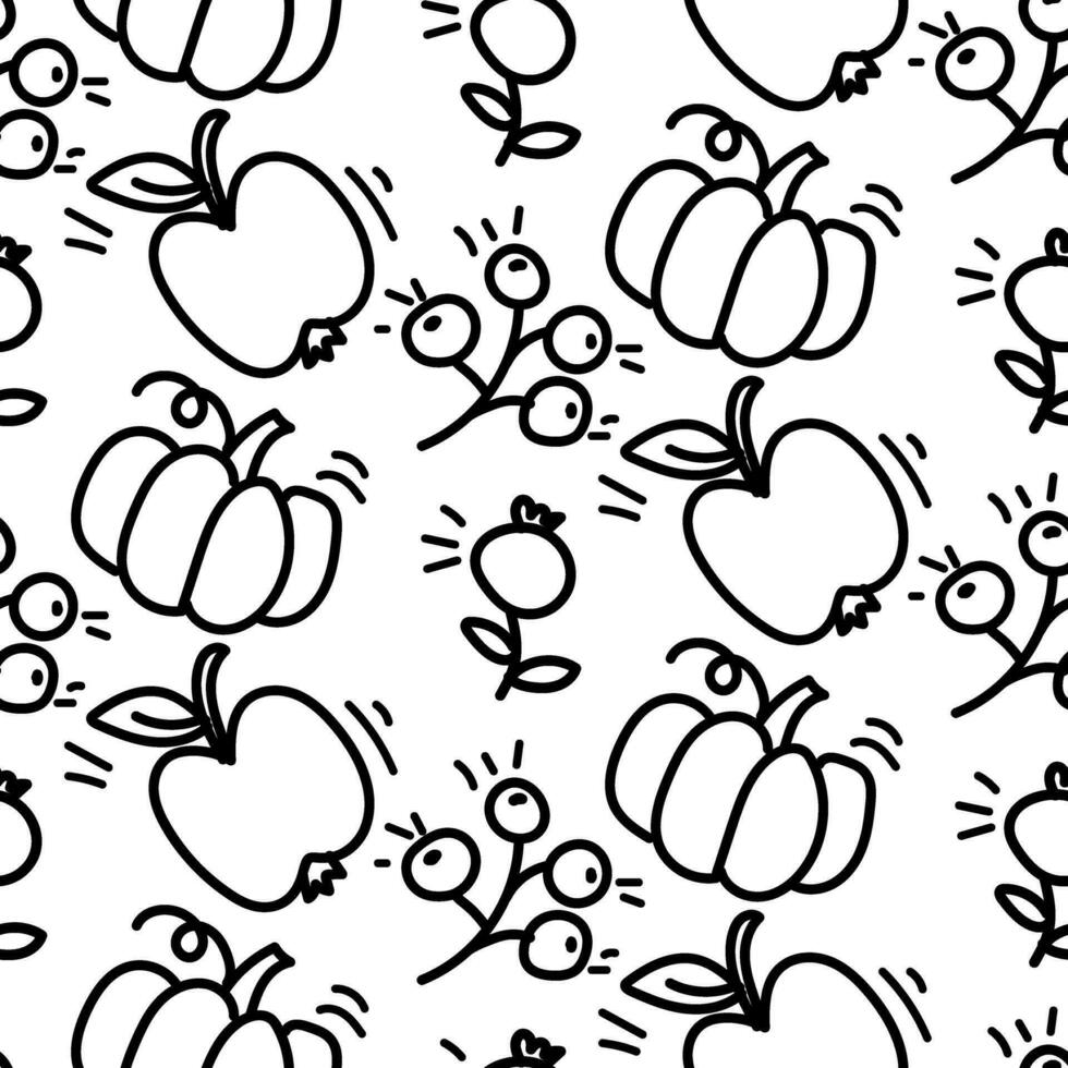 Vector seamless pattern of black contours of autumn harvest, pumpkin, rowan, apple, cranberry in the style of doodles. Contour background, texture. Autumn Harvest, Happy Autumn, Thanksgiving