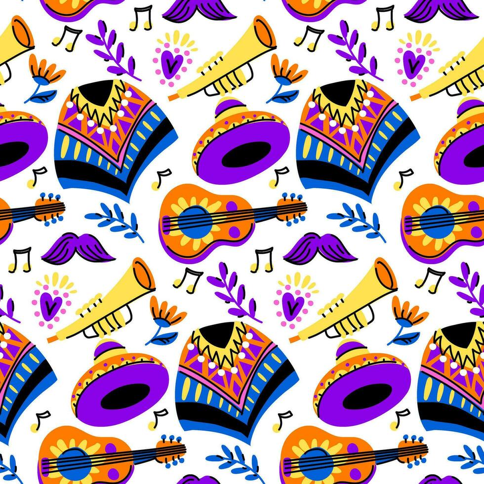 Muertos pattern with musical instruments. The Day of the Dead holiday in Mexico. Poncho, hat, guitar, mustache, pipe with notes and flowers. Seamless pattern for Halloween. Day of the Dead Festival vector