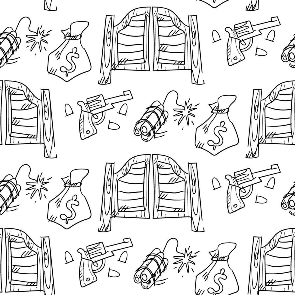 The pattern is a door to a bank with a drawing, a sign, a revolver, dynamite, a bag of coins, a robbery in a linear style. Vector ornament on a white background. Themed western, cowboy