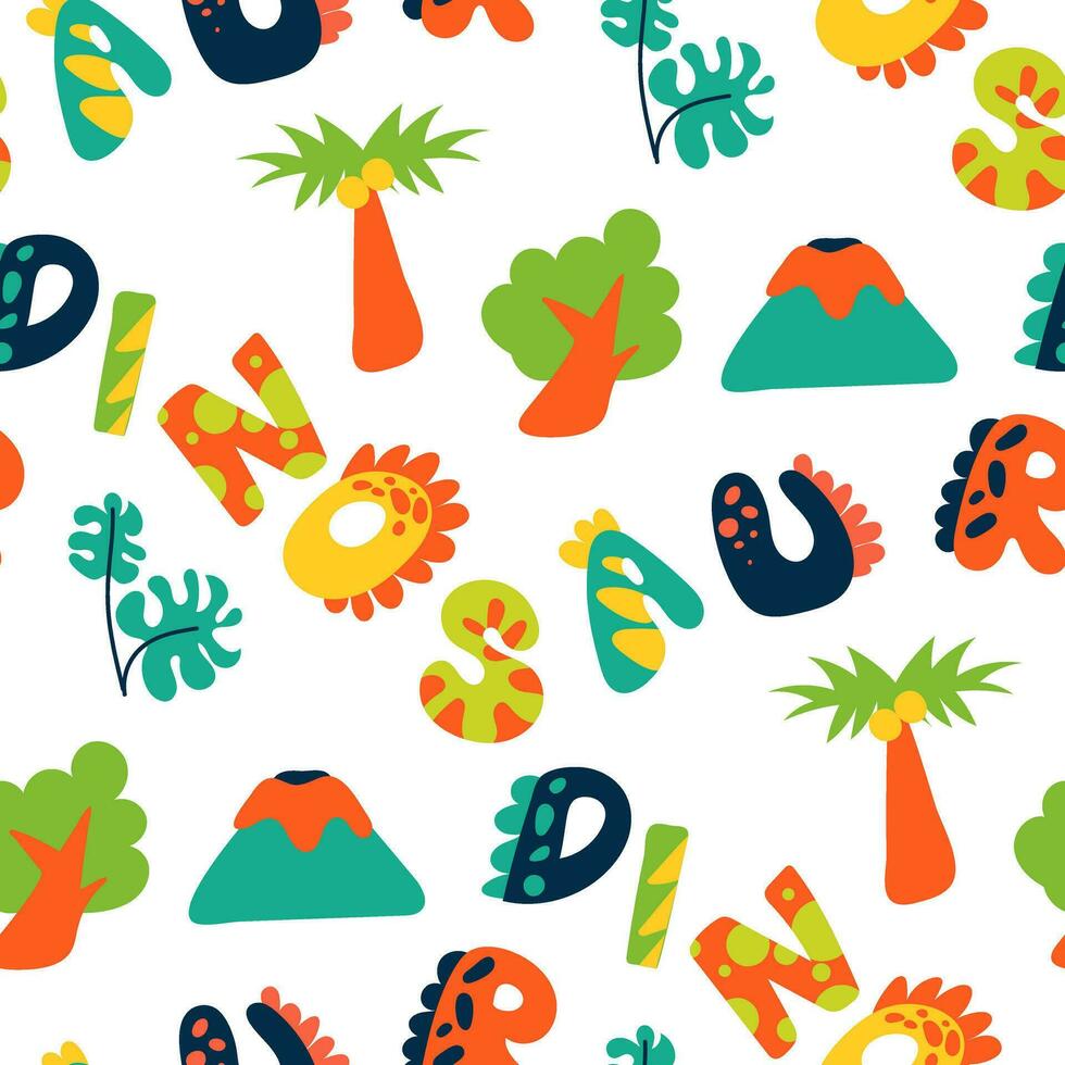 Tropical pattern with cartoon elements and the inscription dinosaurs. Children's bright leaves, trees, palm trees, volcanoes and lettering in bright color. Seamless baby texture for printing vector