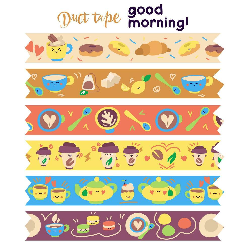 A set of adhesive tape on a white background in the theme of the morning vibe. A collection of cute stickers to highlight or decorate photos and postcards. Small Decorated Adhesive Tapes for Design vector