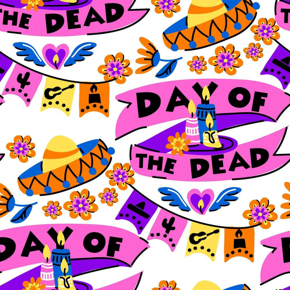 Muertos pattern with inscription. The Feast of the Dead in Mexico. Hat, flags, flowers, candles with a floral pattern. Floral seamless. Seamless pattern for Halloween. Day of the Dead vector