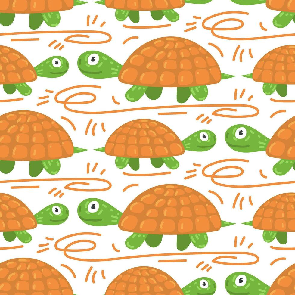 Seamless pattern in the form of cute turtles. Funny hand-drawn animals. Creative children's background in Scandinavian style. Vector illustration of the beach. Turtle on white