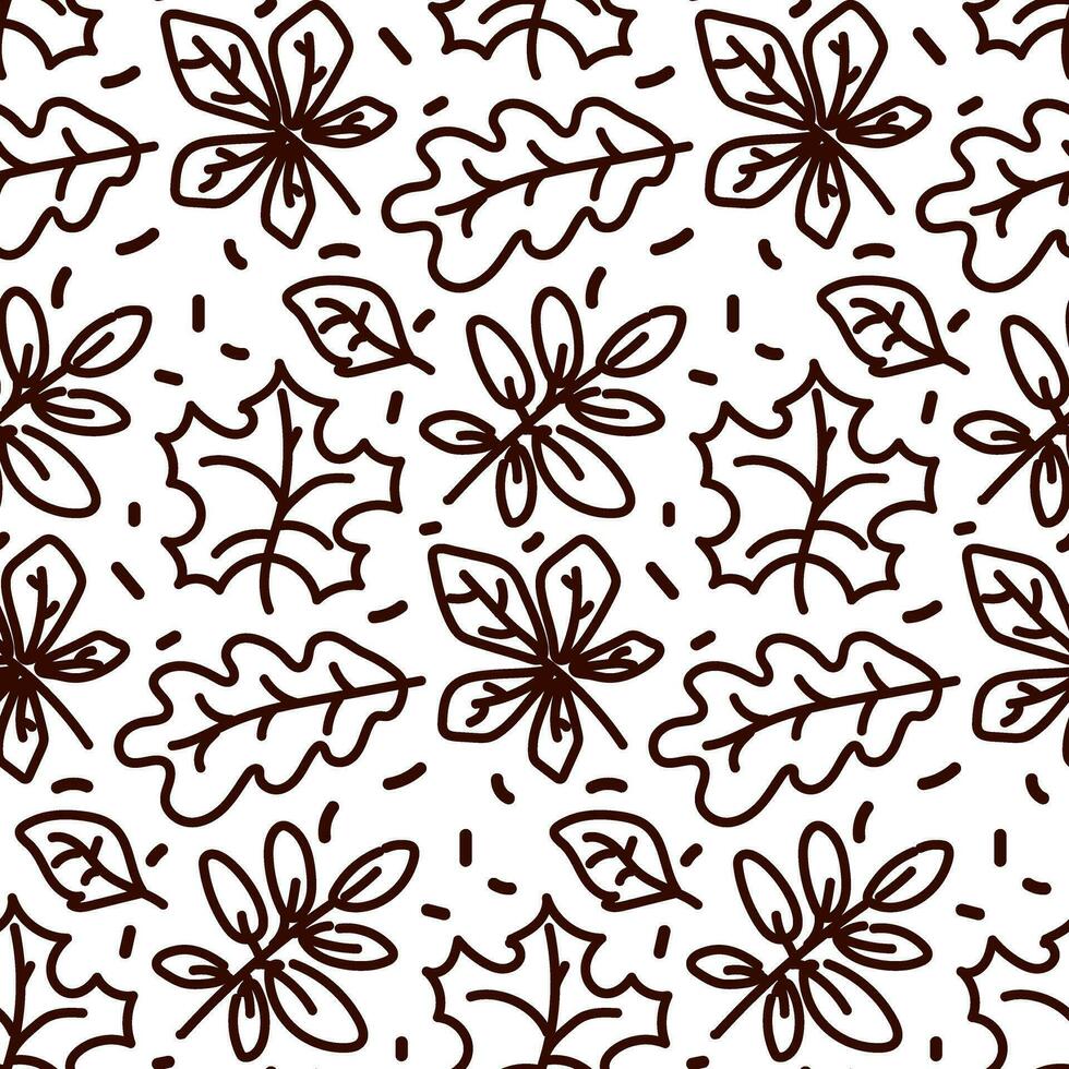 Vector seamless pattern with autumn leaves in contour style, coloring book for children and adults. Doodle foliage on a white background. Printing on textiles in the autumn theme