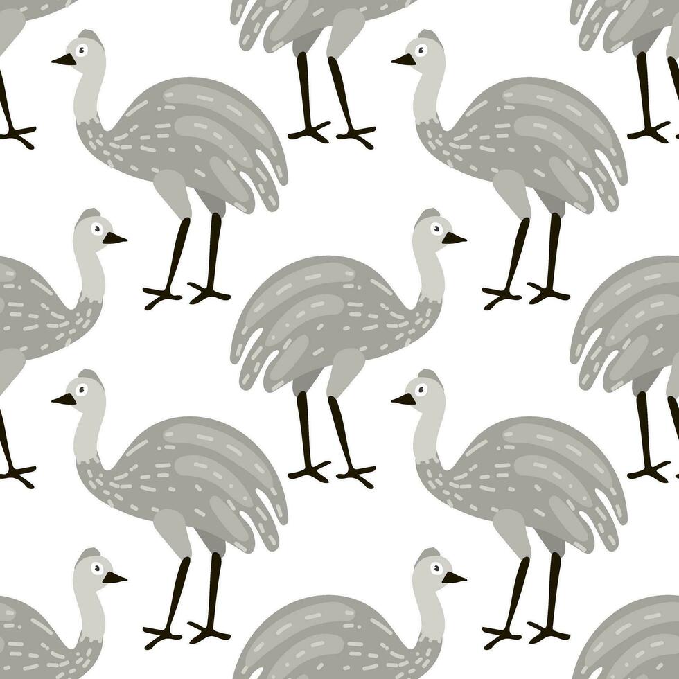 Seamless pattern in the form of cute ostriches. Funny hand-drawn animals. Creative children's background in Scandinavian style. Vector illustration. Ostrich on a white background