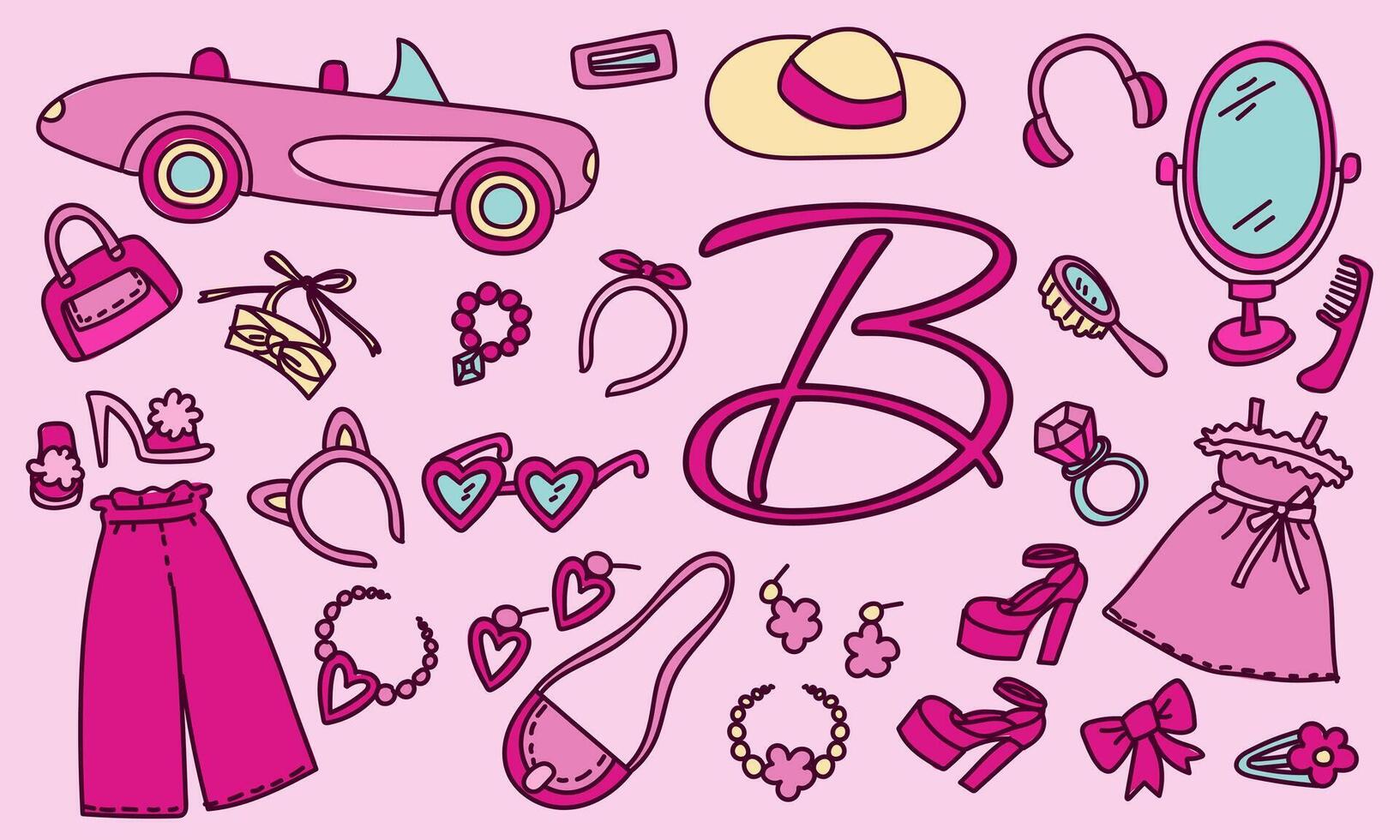 Pink set. Fashionable pink set, aesthetic accessories and clothes for a pink doll. Vector illustration. A set of stickers, elements of nostalgia on a pink background
