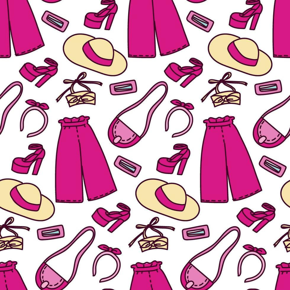 A pattern with colored pink costumes on a white background. Outfits, a hat, shoes, hair clips and other details of jewelry for a girl. Printing on textiles and paper. Packaging vector