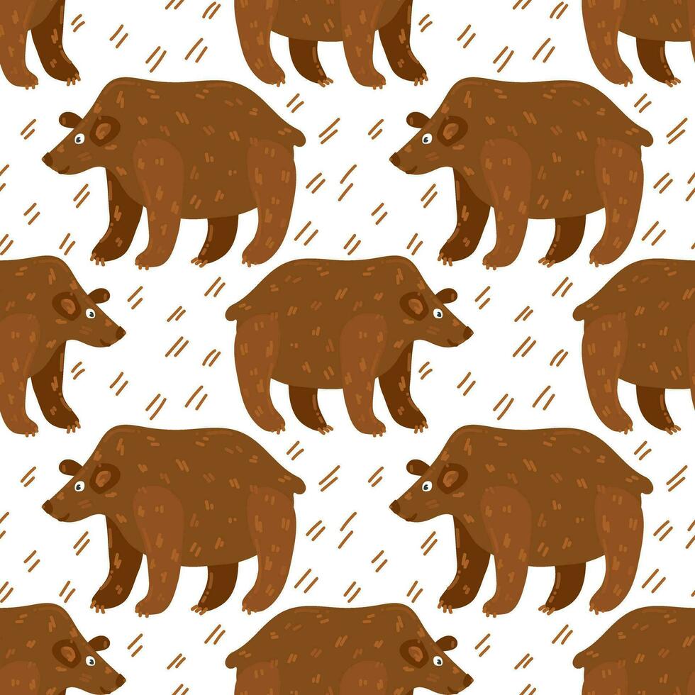 A pattern with cartoon big brown bears. Seamless pattern with lines on a white background. Printing on textiles and paper, children's vector illustration