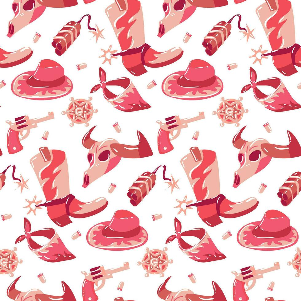 A pattern in the form of cartoon pink boots for a cowgirl, dynamite, a hat, a sheriff's badge and a revolver. A hat for a party. The fashionable style of the Wild West. Cowboy western. flat vector