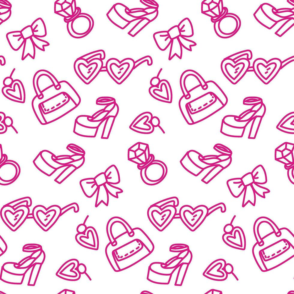 A pattern with contour details of a wardrobe for pink. Shoes, a ring, earrings, glasses and other details of jewelry for a girl. Printing on textiles and paper. Packaging vector