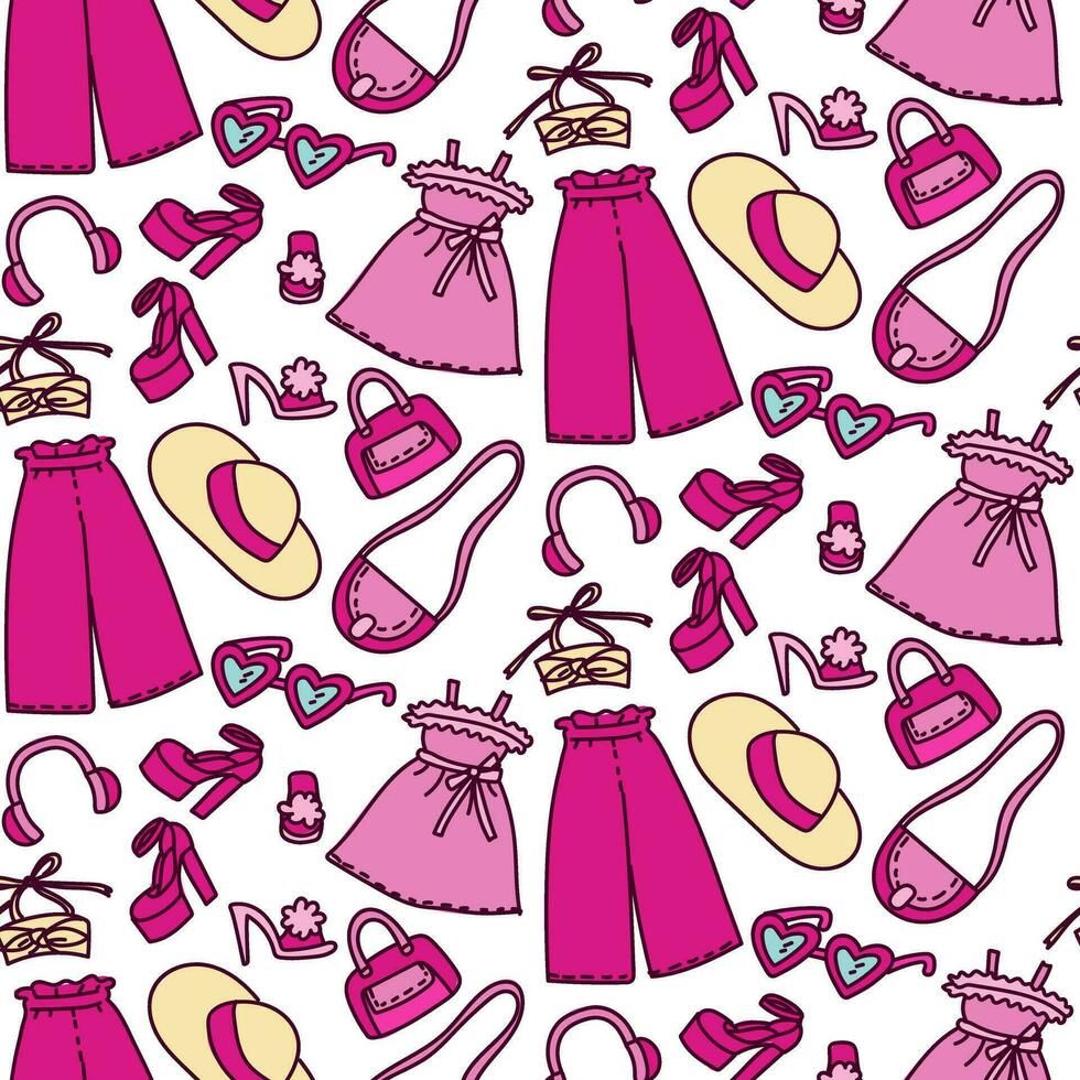 A pattern with colored pink outfits on a white background. Outfits, a hat, glasses, a bag, shoes and other details of jewelry for a girl. Printing on textiles and paper. Packaging vector
