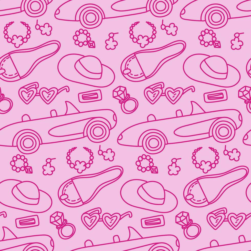A pattern with contour details from pink for a car ride on a pink background. Dress, earrings, ring, hat, glasses, bag and other details of jewelry for a girl. Printing on textiles, paper. Packaging vector