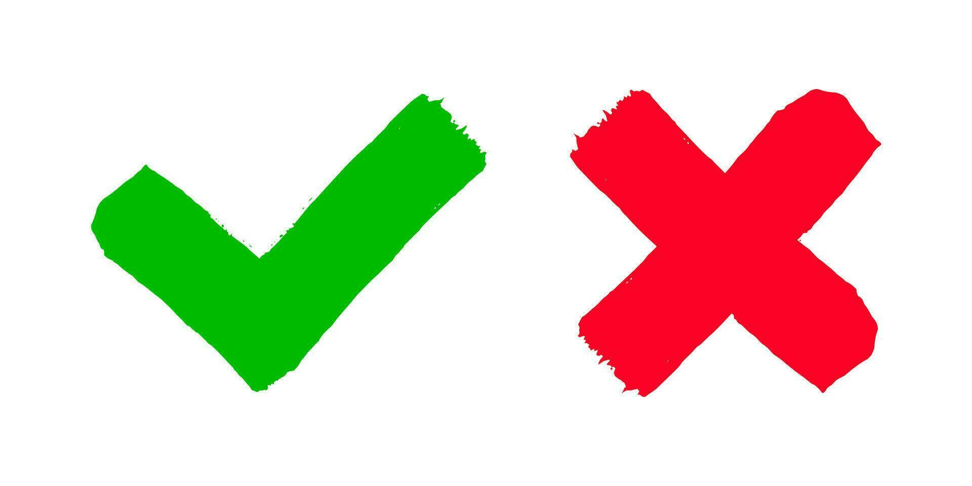 Two dirty grunge hand drawn with brush strokes cross X and tick V check marks vector illustration.