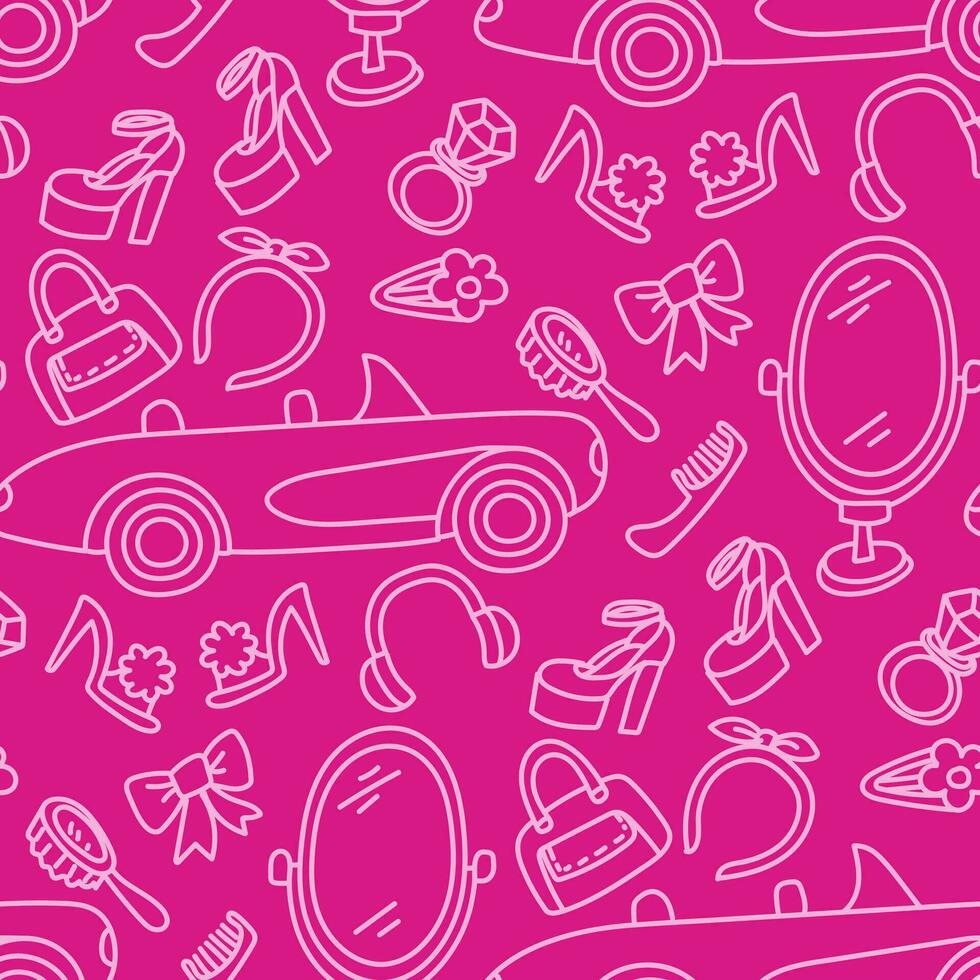 A pattern with contoured details for pink on a pink background. A mirror, a car, a comb, a hoop, a bow and other details of jewelry for a girl. Printing on textiles and paper. Packaging vector