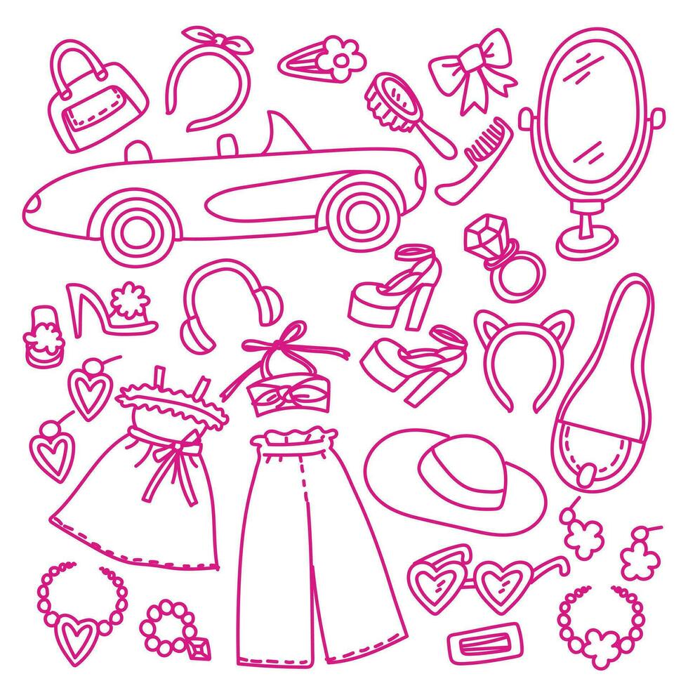 Pink clothes contour set. Fashionable pink set, aesthetic accessories and clothes for a pink doll. Vector illustration. A set of stickers, elements of nostalgia