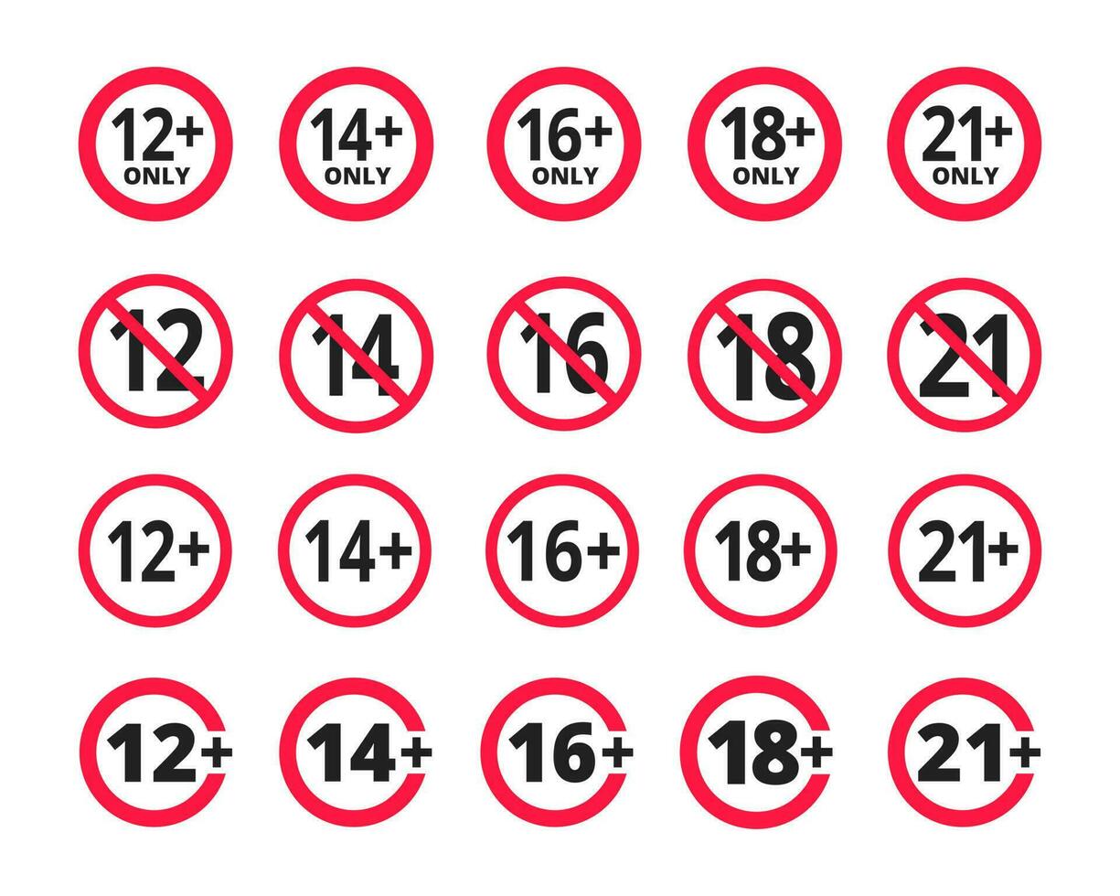 Adults content only age restriction 12, 14, 16, 18, 21 plus years old icon signs set. vector