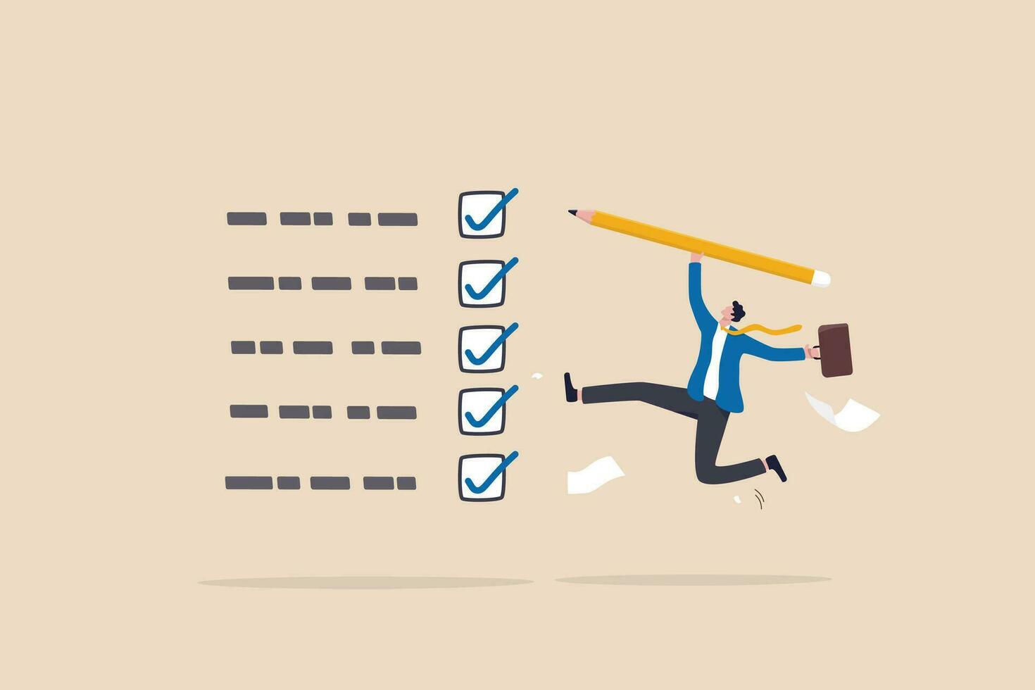 Complete task get work done, accomplish work or finish checklist, project management or good result survey, productive concept, happy businessman jumping high after completed tasks or accomplish work. vector