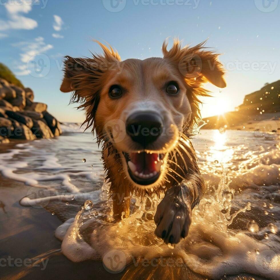 A playful cute dog standing on a sandy beach with waves crashing in the  background generative ai 27378954 Stock Photo at Vecteezy
