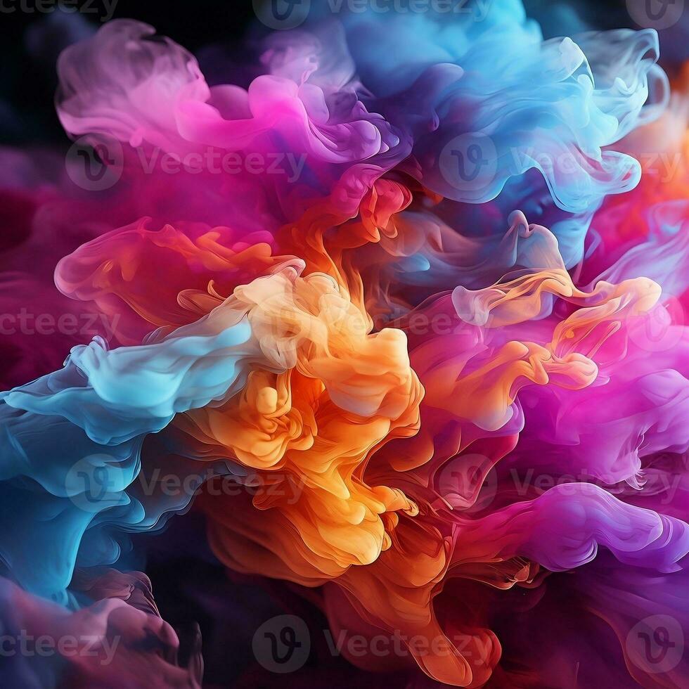 Abstract multicolored spreading bright Neon lighted smoke texture background generative ai photo