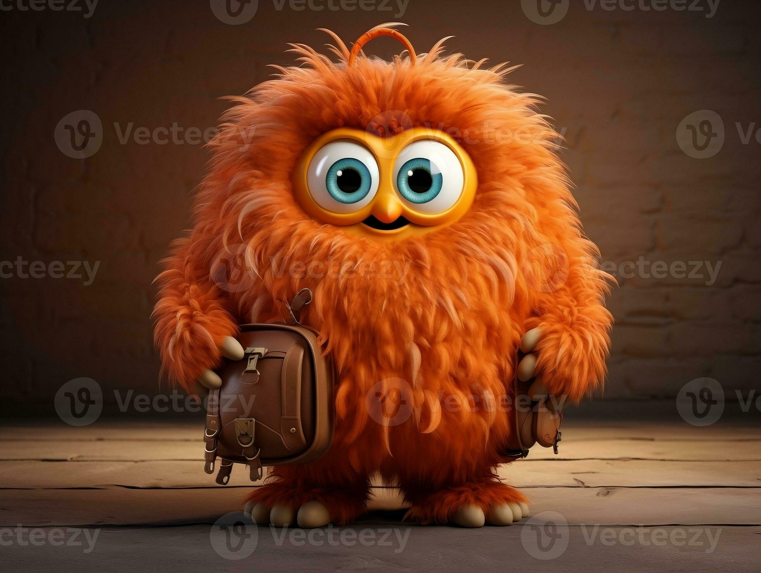 Furry monster with two large eyes and a big nose on white