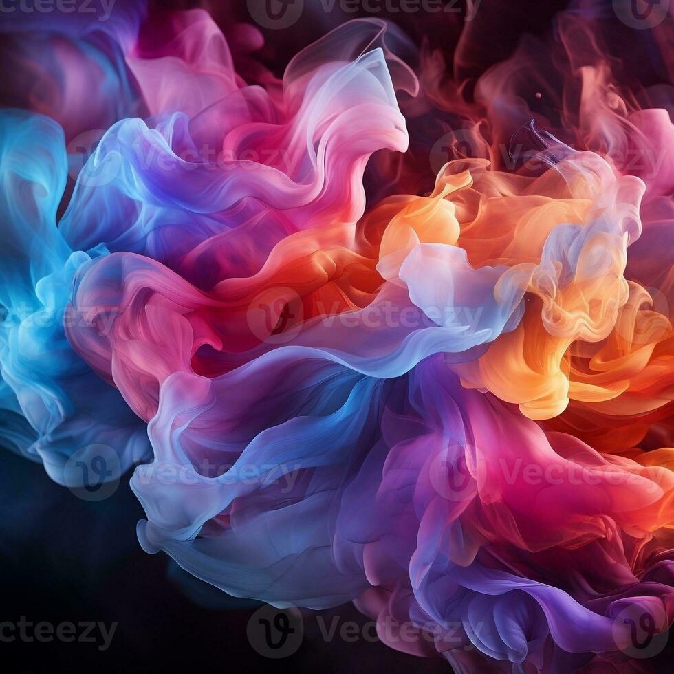 Abstract multicolored spreading bright Neon lighted smoke texture background generative ai photo