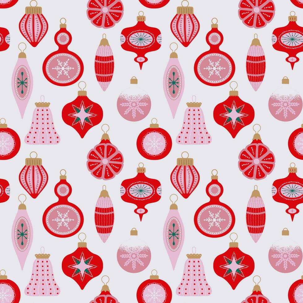 Red Pink Vintage Christmas glass balls seamless pattern. Vector illustration in retro style