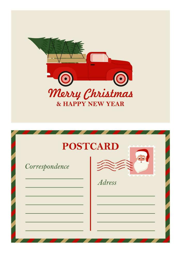 Christmas Vintage Greeting Postcard with retro red pickup truck car and Santa Claus. Xmas Vector illustration in flat style