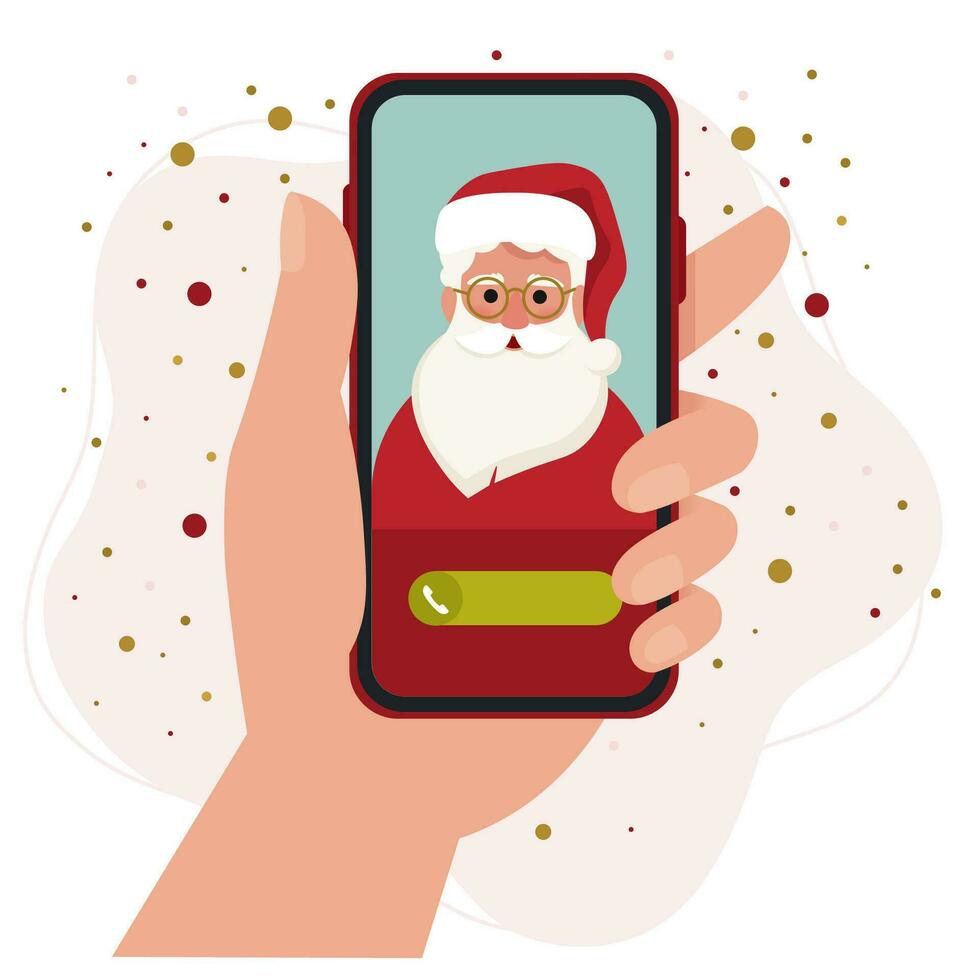 tomar de las manos teléfono inteligente con Papa Noel perfil marco. vídeo llamada Papa Noel noel, chateando en línea por móvil aplicación vector ilustración en plano estilo