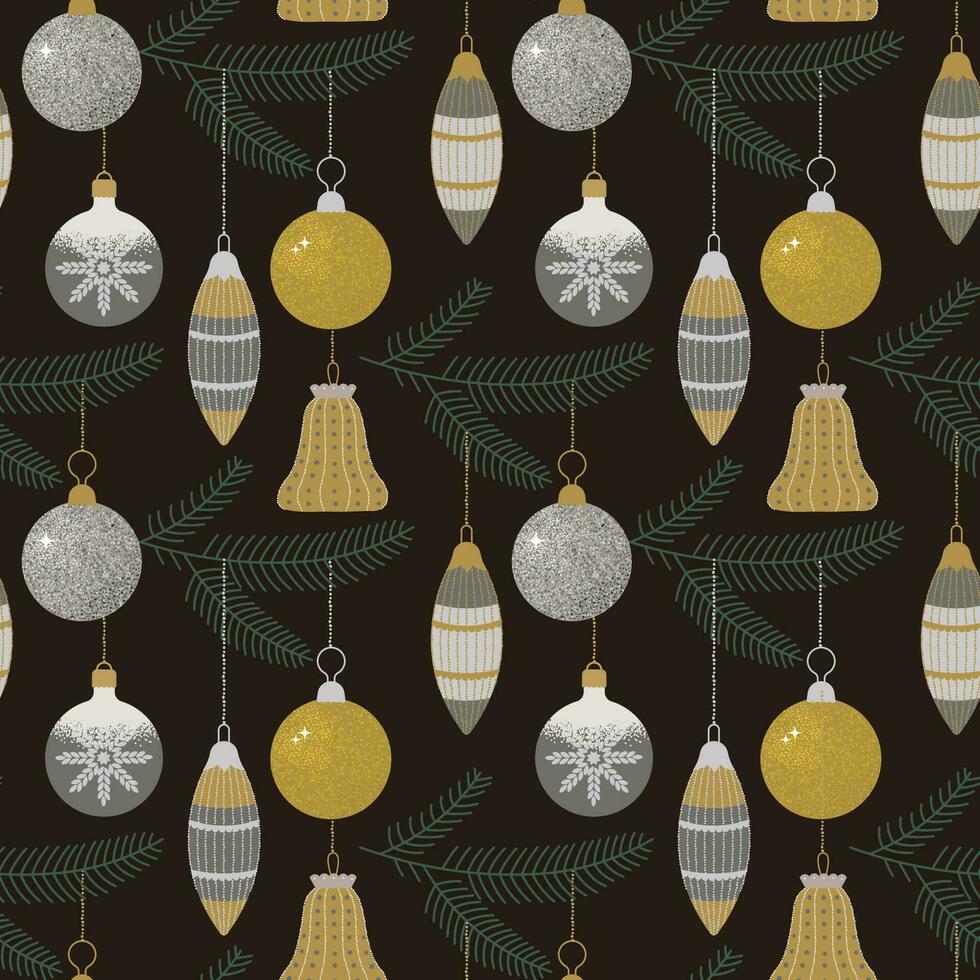 Christmas Seamless Pattern with decorative glass balls on a string. Vector illustration in vintage style