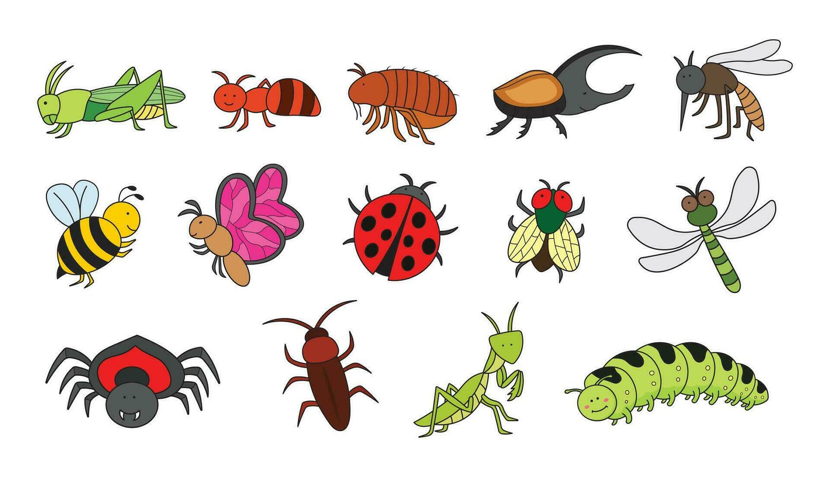 Kids drawing Cartoon Big set of insects, grashopper, ant, flea, beetle, mosquito, bee, butterfly, ladybug, fly, dragonfly, spider, cockroach, mantis, catterpillar vector