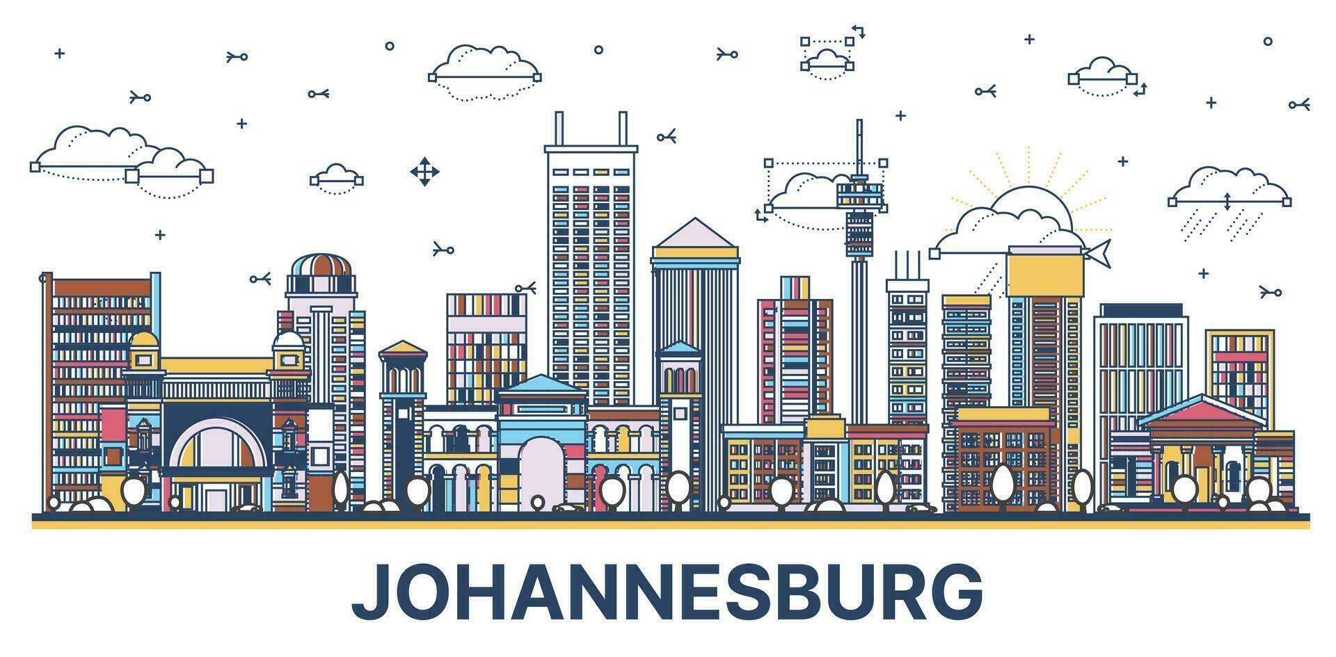 Outline Johannesburg South Africa City Skyline with Colored Modern and Historic Buildings Isolated on White. vector